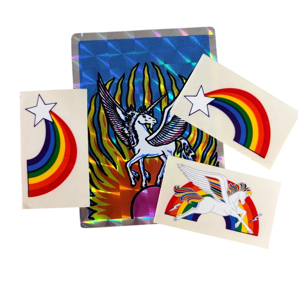 Vintage 80s Prismatic Unicorn Pegasus Sticker and Rainbow Temporary Tattoo Set